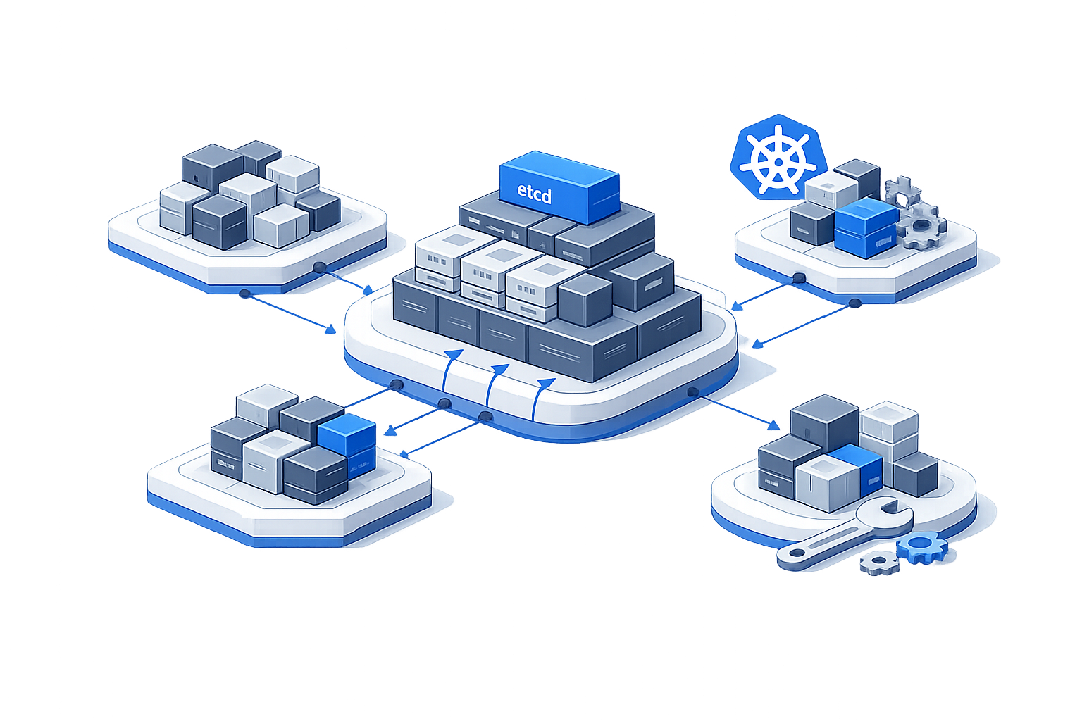 Isometric upstream Kubernetes cluster architecture illustration