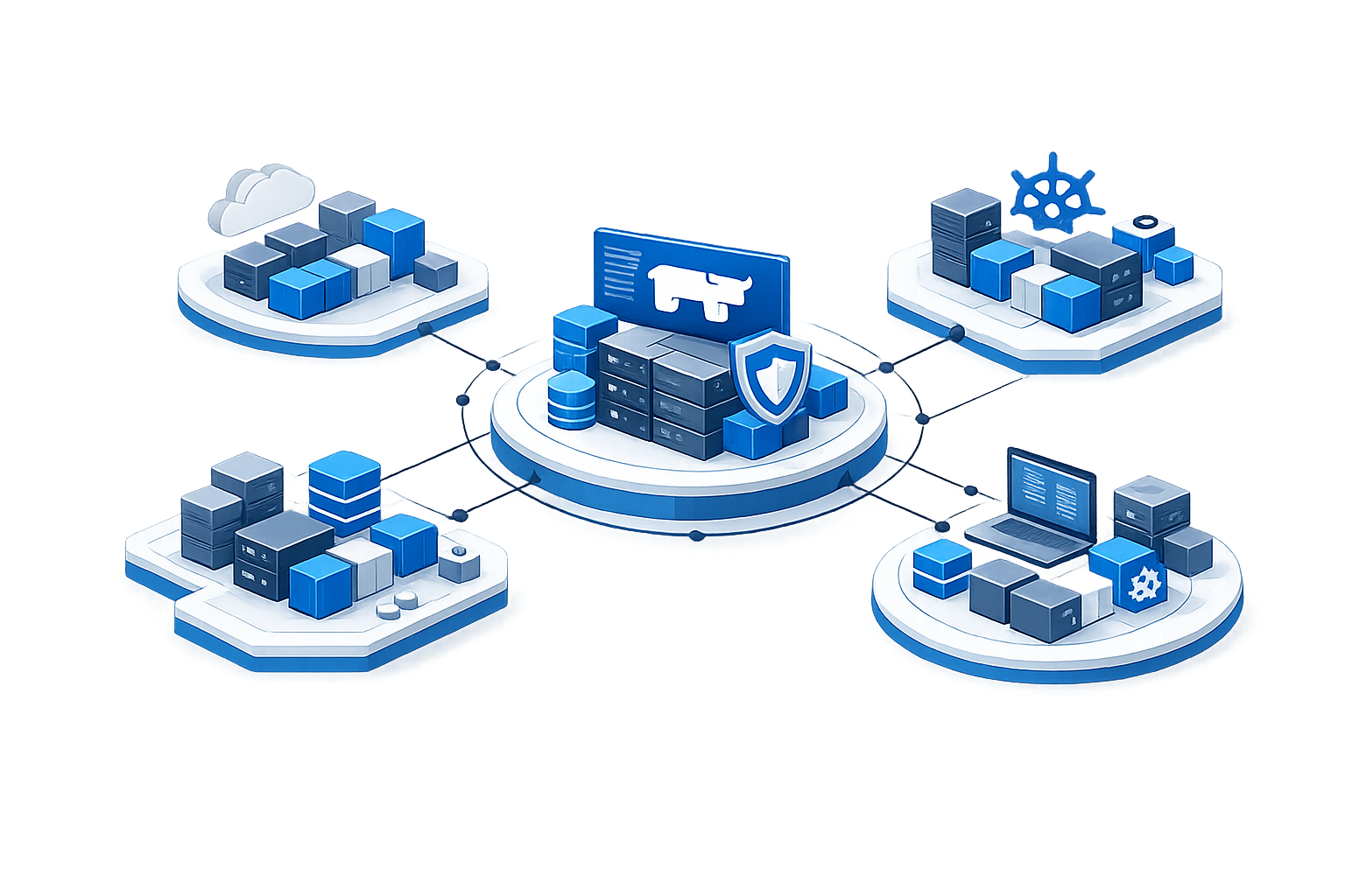 Isometric Rancher-inspired cluster management illustration